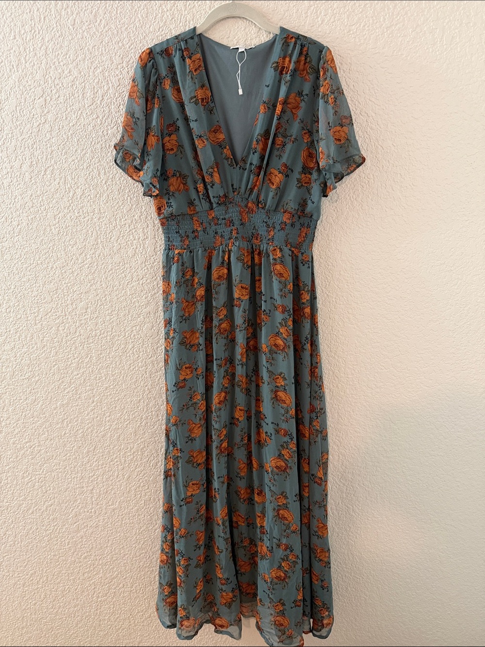 Baltic Born Floral Smocked Waist V-Neck Maxi Dress - Teal with Rust Flowers